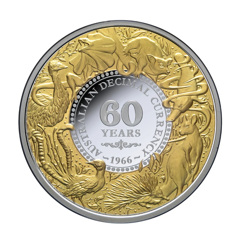 Moneda de Argint 60 de Ani de Moneda Zecimala 2026, Aurire 24K